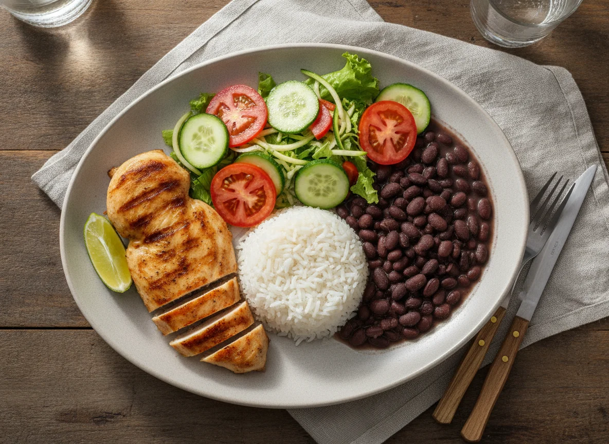 Prato Feito com Frango Grelhado, Feijão Preto e Salada photo