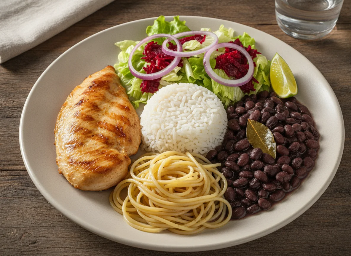 Prato feito com frango grelhado, macarrão, arroz, feijão e salada photo