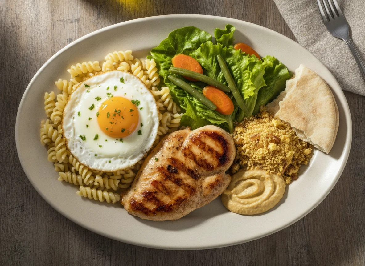Prato feito com frango grelhado, ovo frito, macarrão fusilli e salada photo