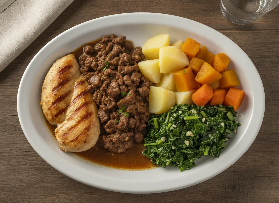 Prato feito com frango grelhado, picadinho de carne e legumes photo