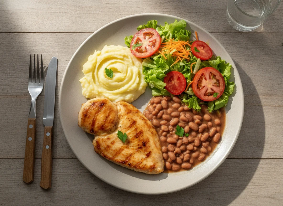 Prato Feito com Frango Grelhado, Purê de Batata, Feijão e Salada photo