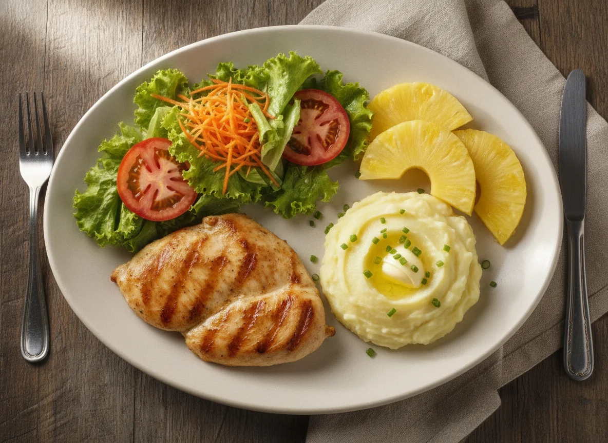 Prato feito com frango grelhado, purê de batata, salada e abacaxi photo