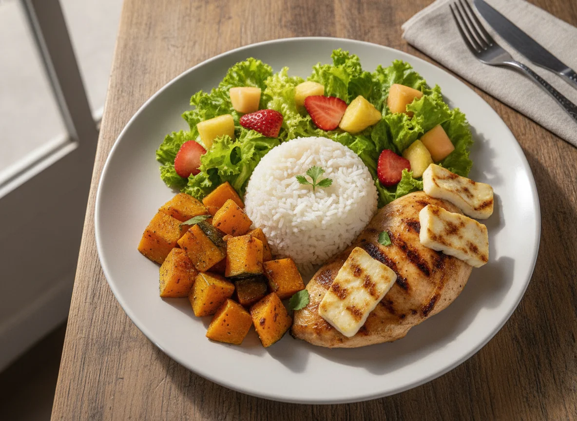 Prato Feito com Frango Grelhado, Queijo Coalho, Arroz, Abóbora e Salada photo