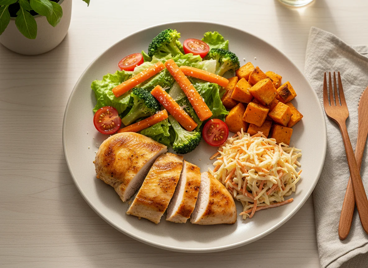 Prato feito com frango grelhado, salada e batata doce photo