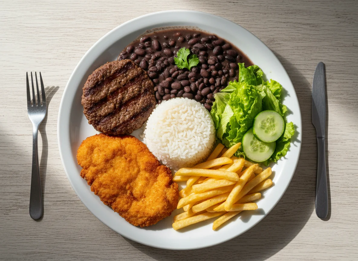 Prato feito com frango, hambúrguer, arroz, feijão, batata frita e salada photo