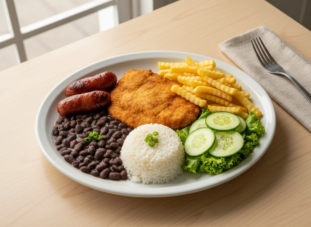 Prato feito com frango, linguiça, batata frita, arroz, feijão e salada photo