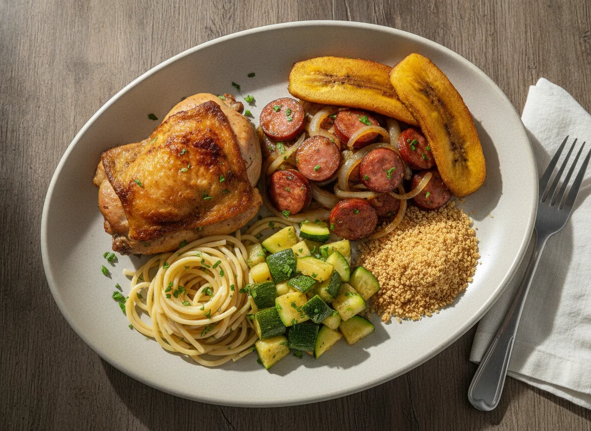 Prato Feito com Frango, Linguiça e Legumes photo