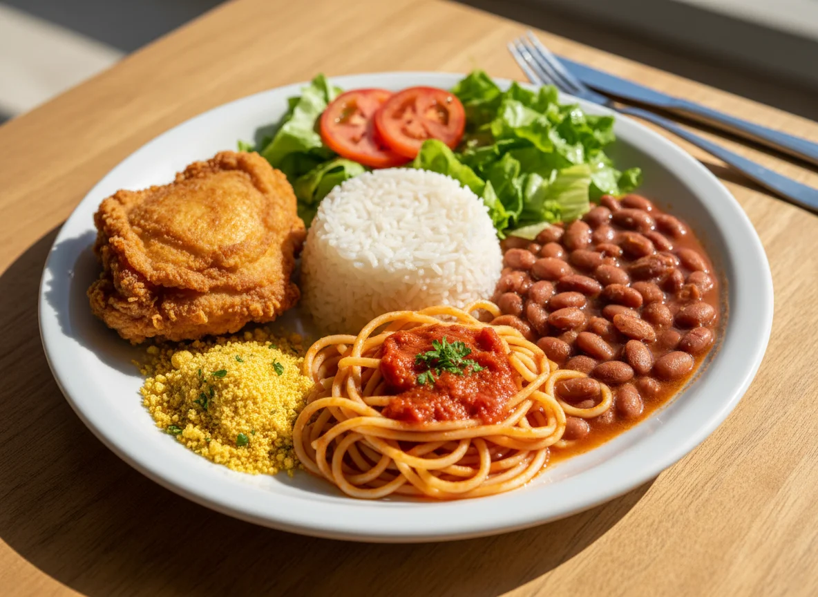Prato feito com frango, macarrão, arroz, feijão e salada photo