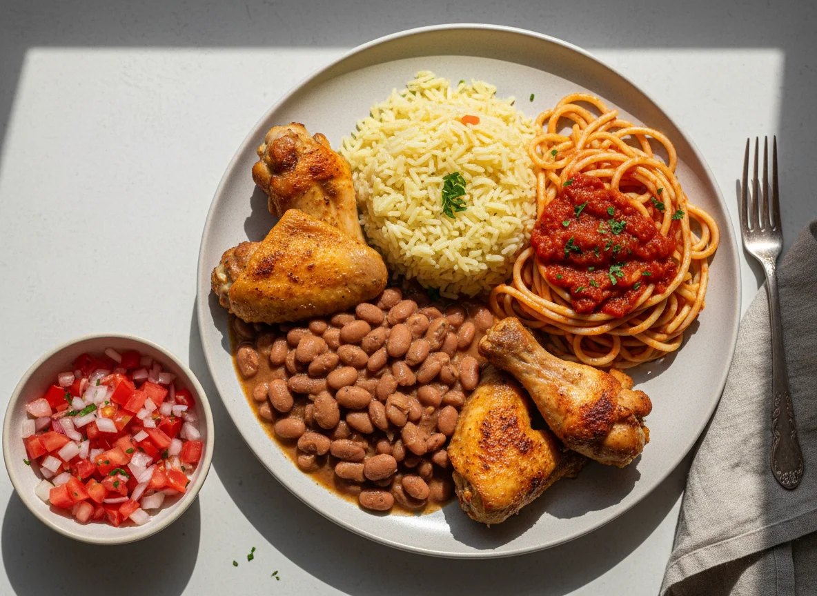 Prato feito com frango, macarrão, arroz, feijão e vinagrete photo