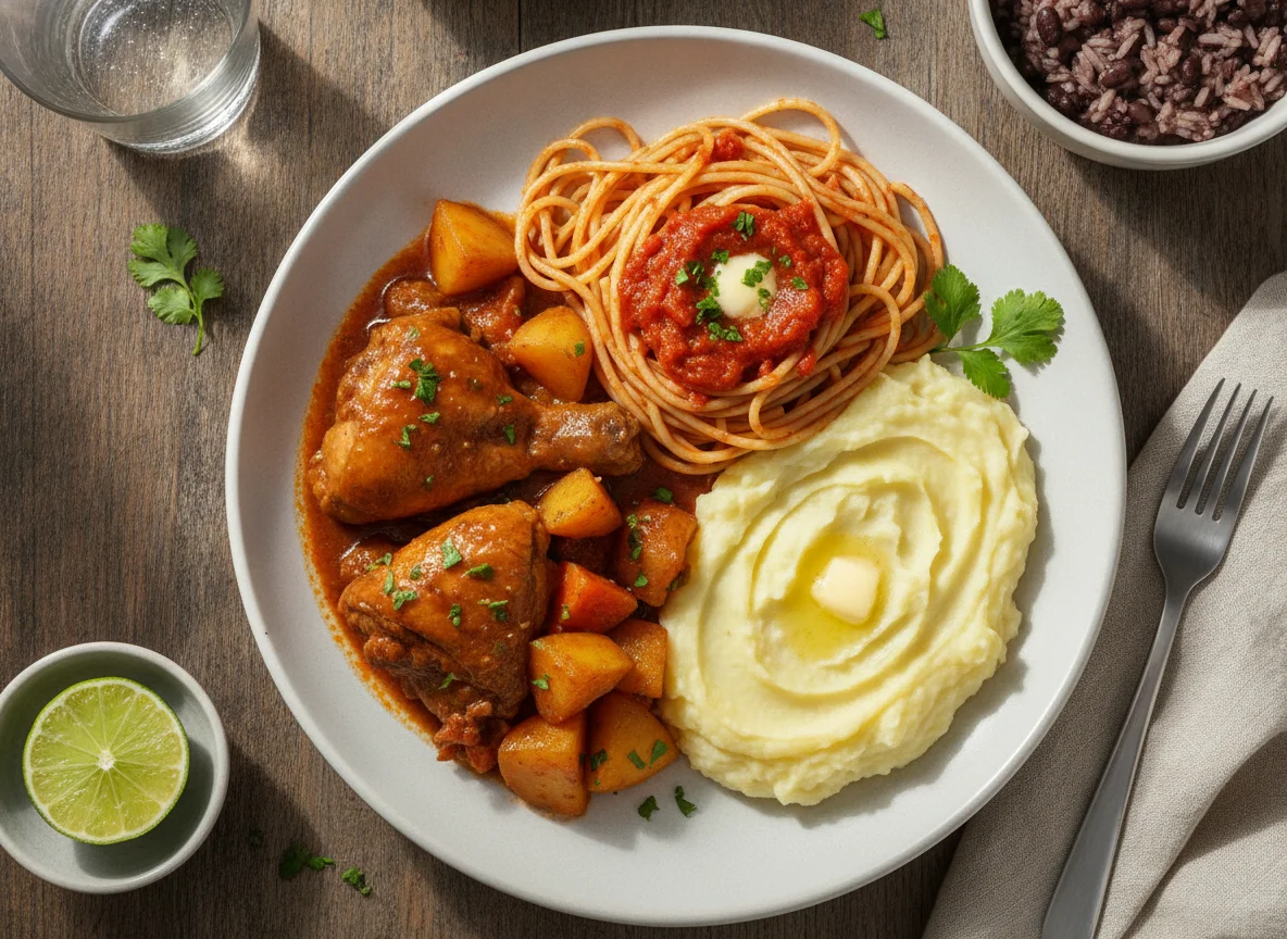 Prato feito com frango, macarrão e purê photo