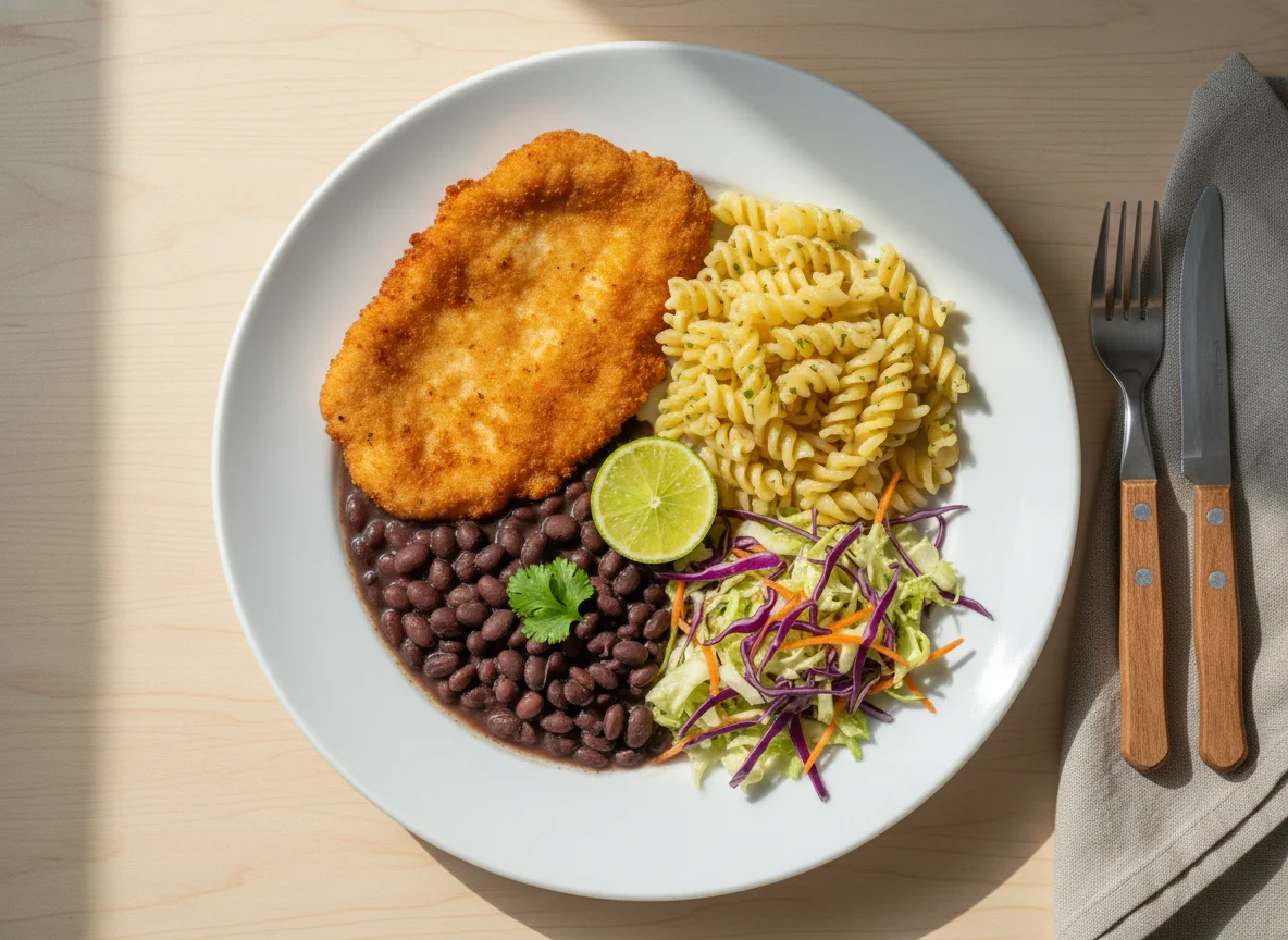 Prato feito com frango, macarrão, feijão e salada de repolho photo
