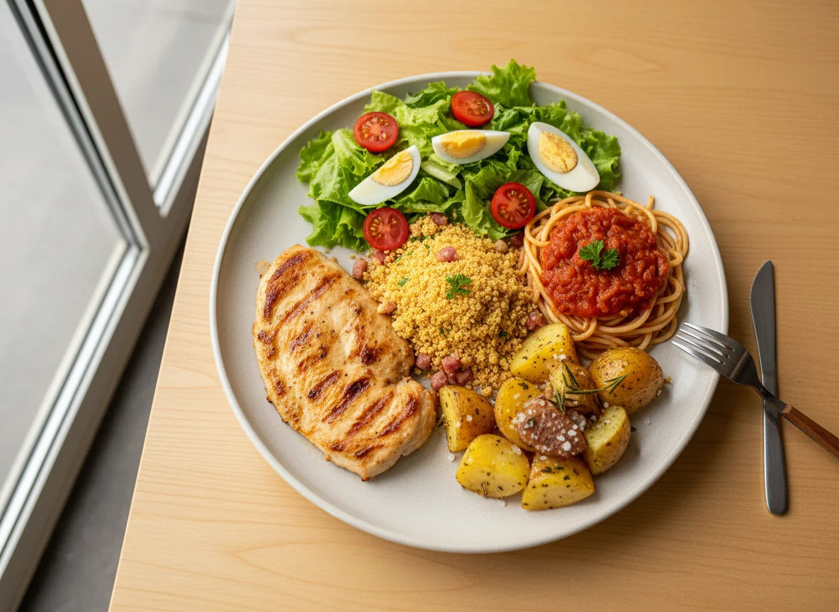 Prato feito com frango, massa, farofa e salada photo