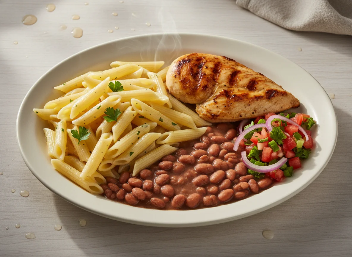 Prato feito com frango, massa, feijão e vinagrete photo