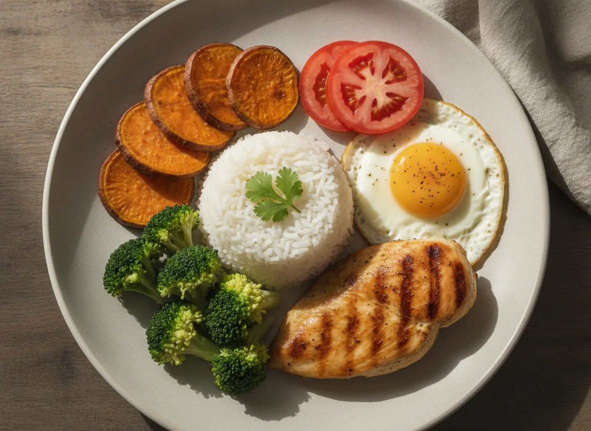Prato feito com frango, ovo, arroz, batata doce e vegetais photo