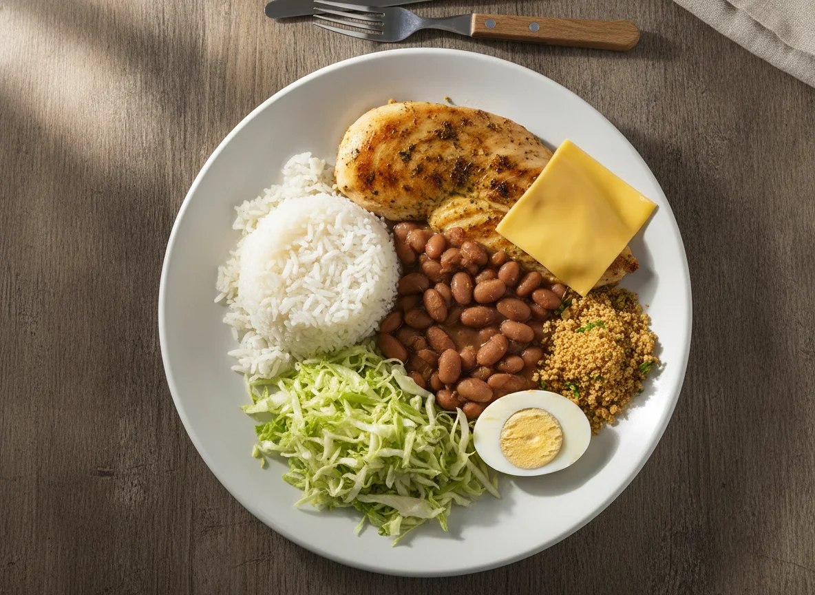 Prato feito com frango, ovo, arroz e feijão photo