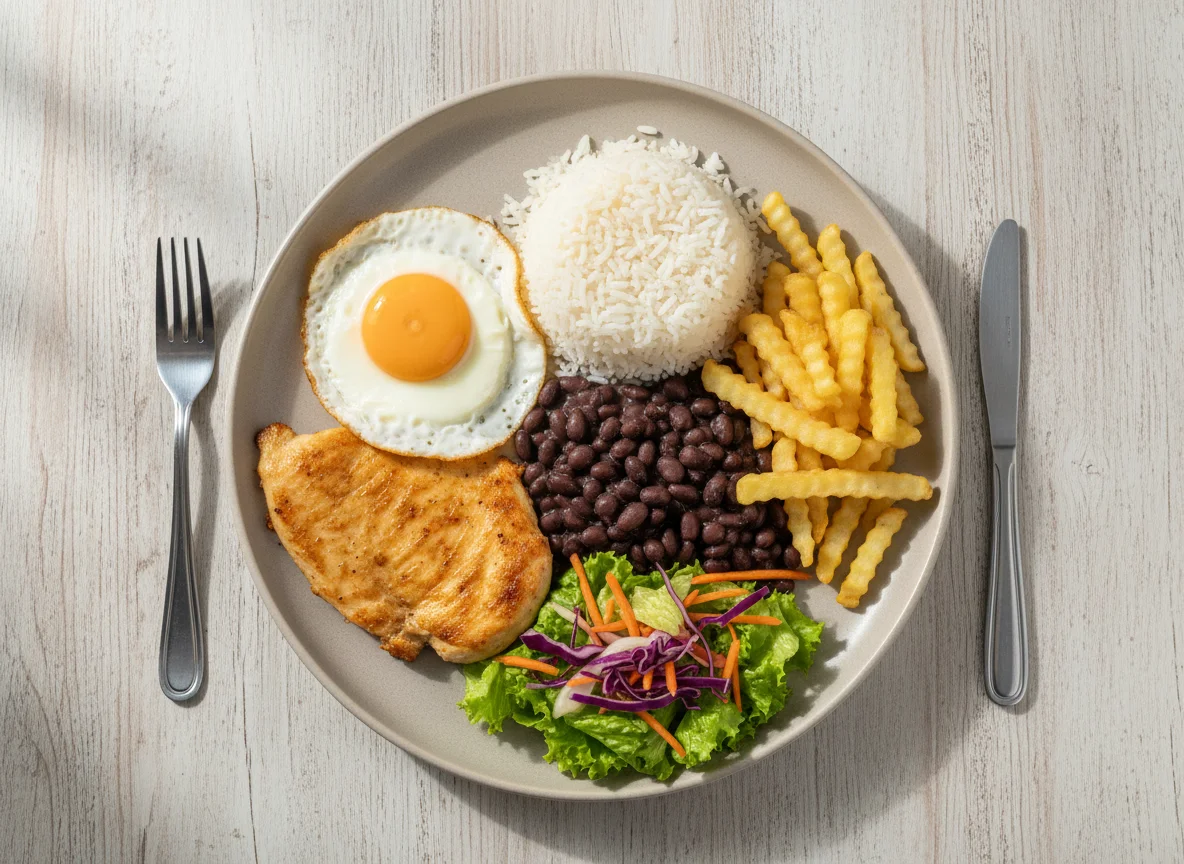 Prato feito com frango, ovo, arroz, feijão, batata frita e salada photo