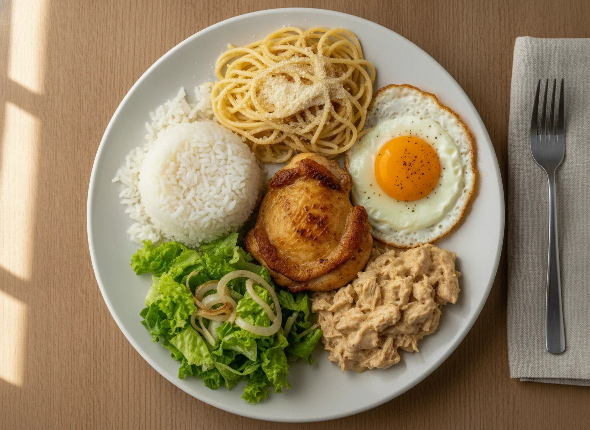 Prato Feito com Frango, Ovo, Arroz, Macarrão e Salada photo