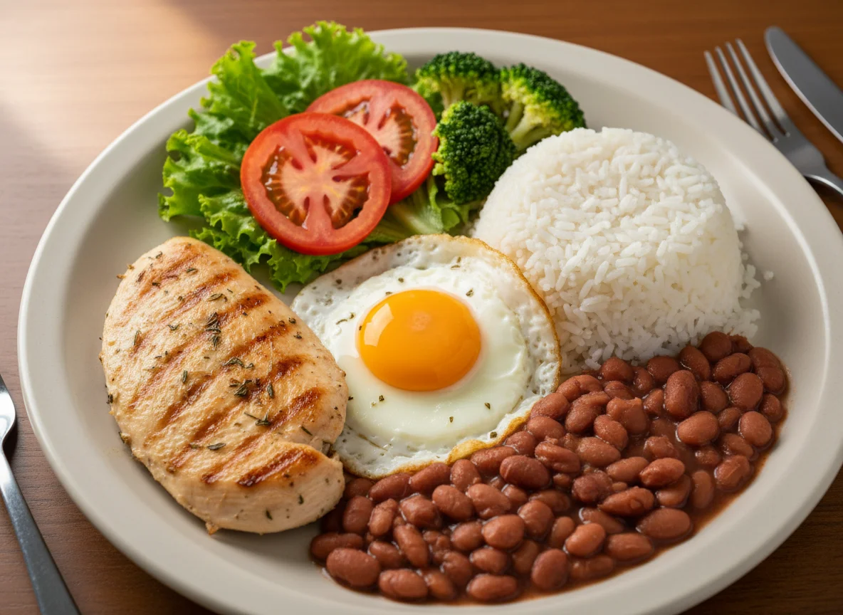 Prato feito com frango, ovo e acompanhamentos photo