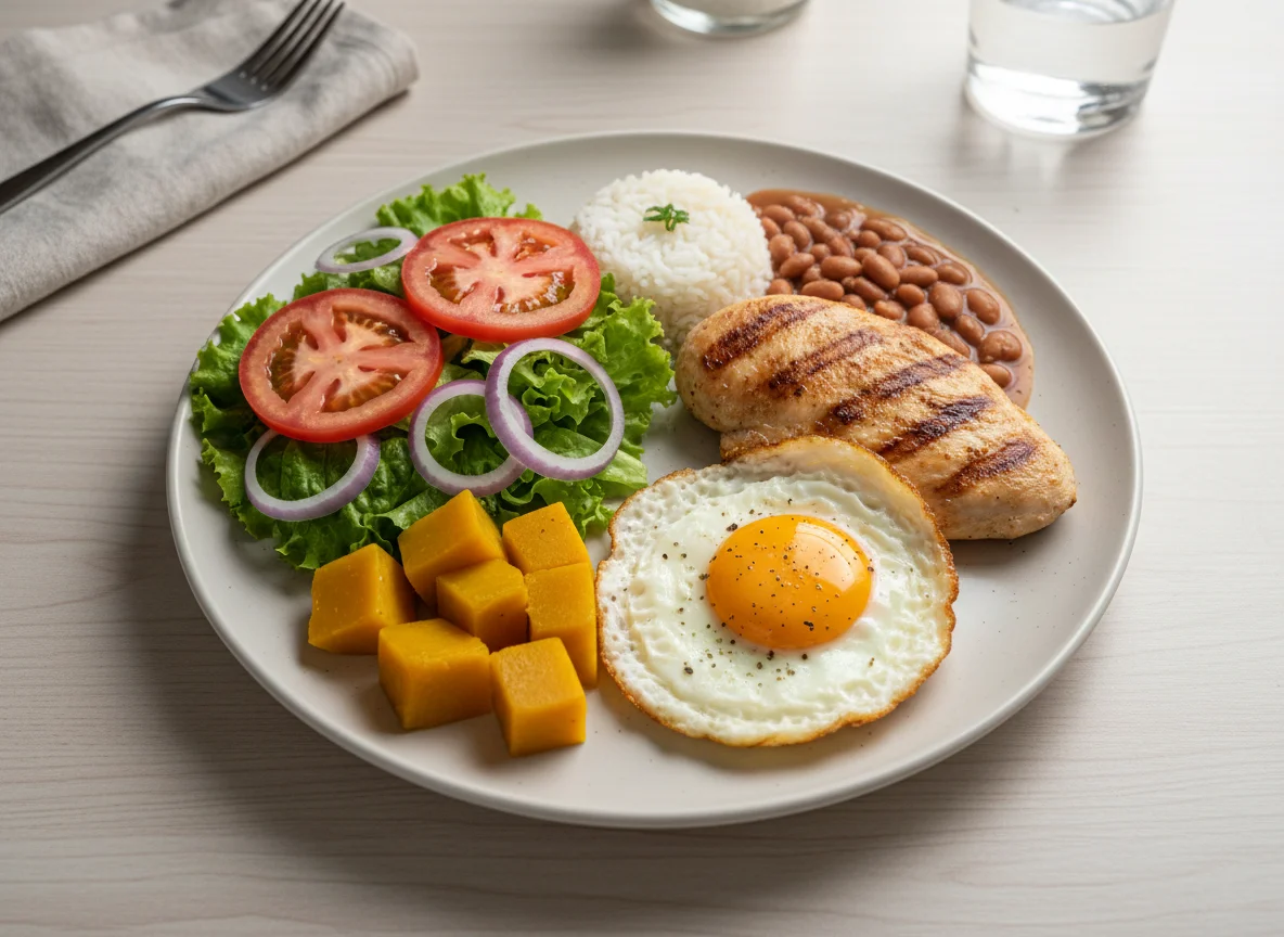 Prato feito com frango, ovo frito e salada photo