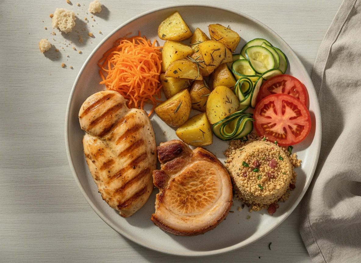 Prato feito com frango, porco, batatas e salada photo