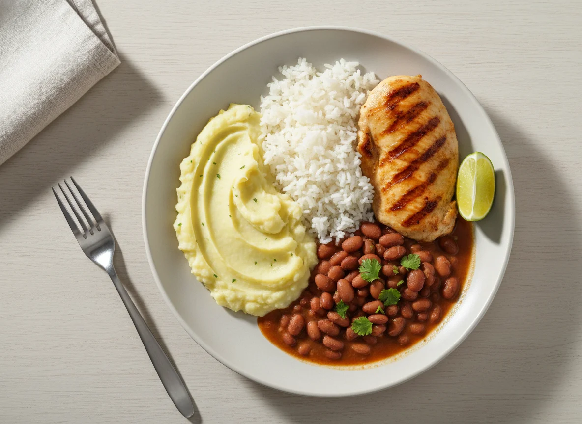 Prato feito com frango, purê, arroz e feijão photo