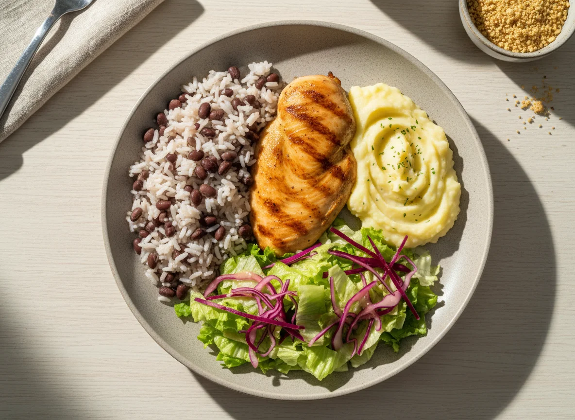 Prato feito com frango, purê, arroz e salada photo