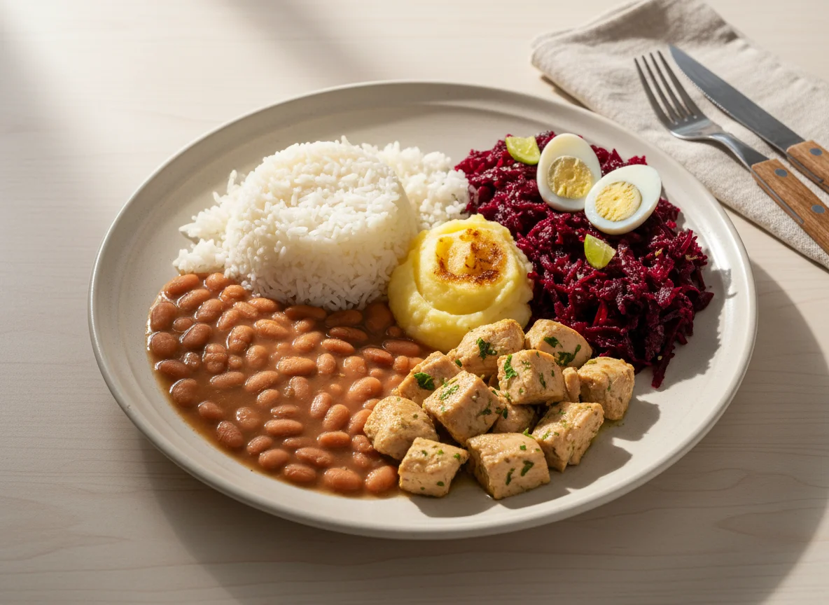 Prato feito com frango, purê, arroz, feijão e salada de beterraba photo