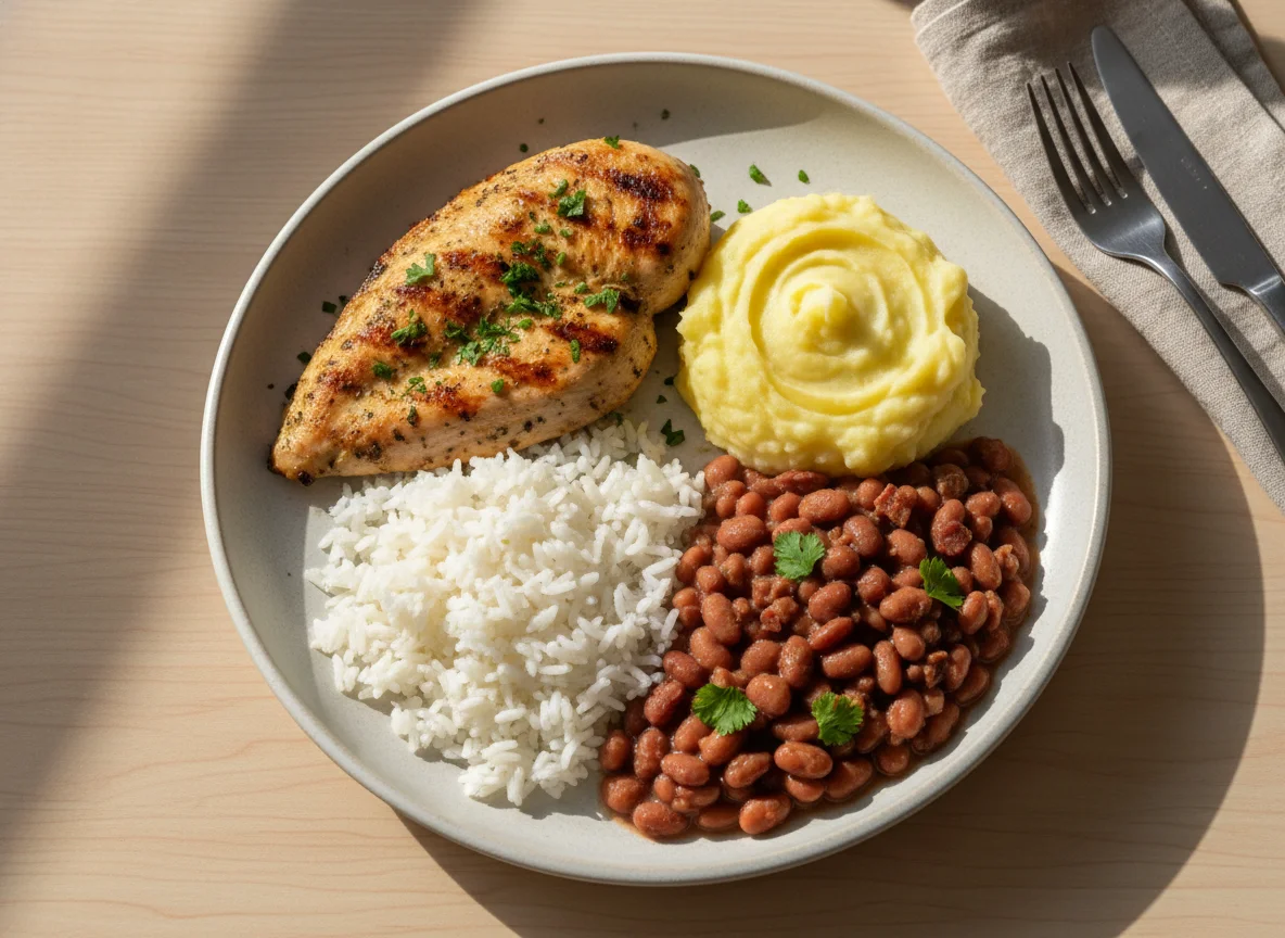 Prato feito com frango, purê de batata, arroz e feijão photo