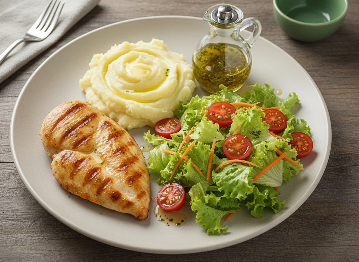 Prato feito com frango, purê e salada photo