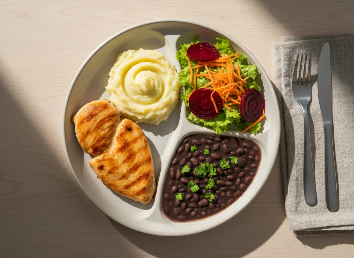 Prato feito com frango, purê, feijão e salada photo