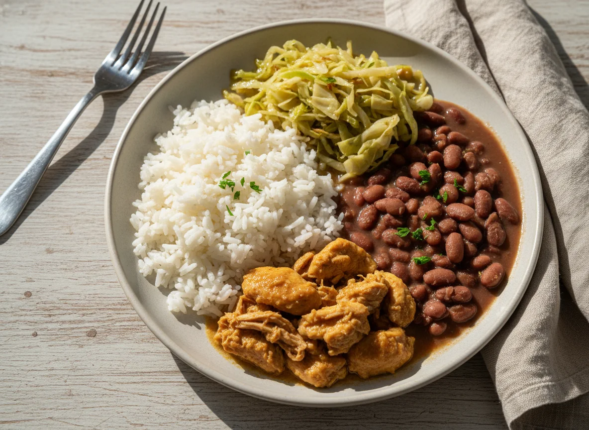 Prato feito com frango, repolho, arroz e feijão photo