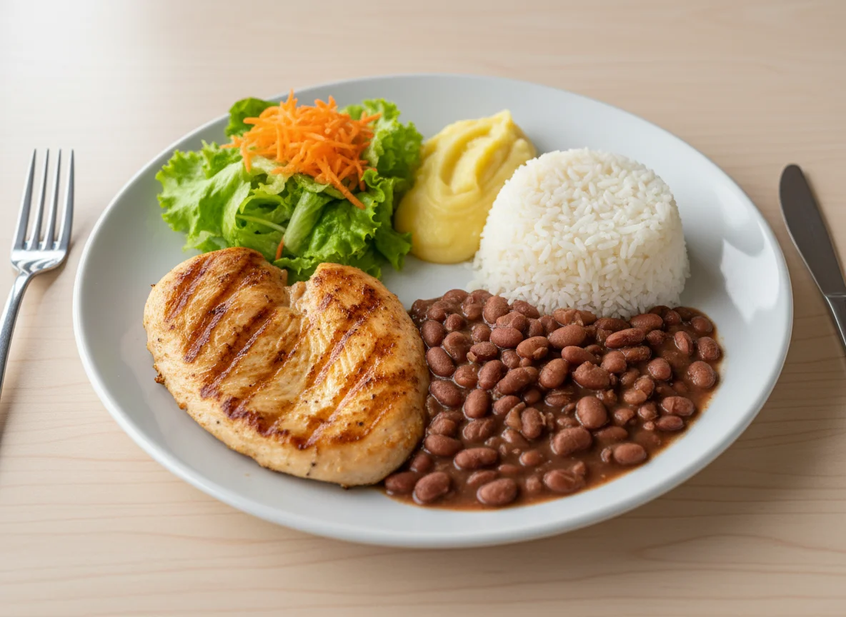 Prato feito com frango, salada e feijão photo