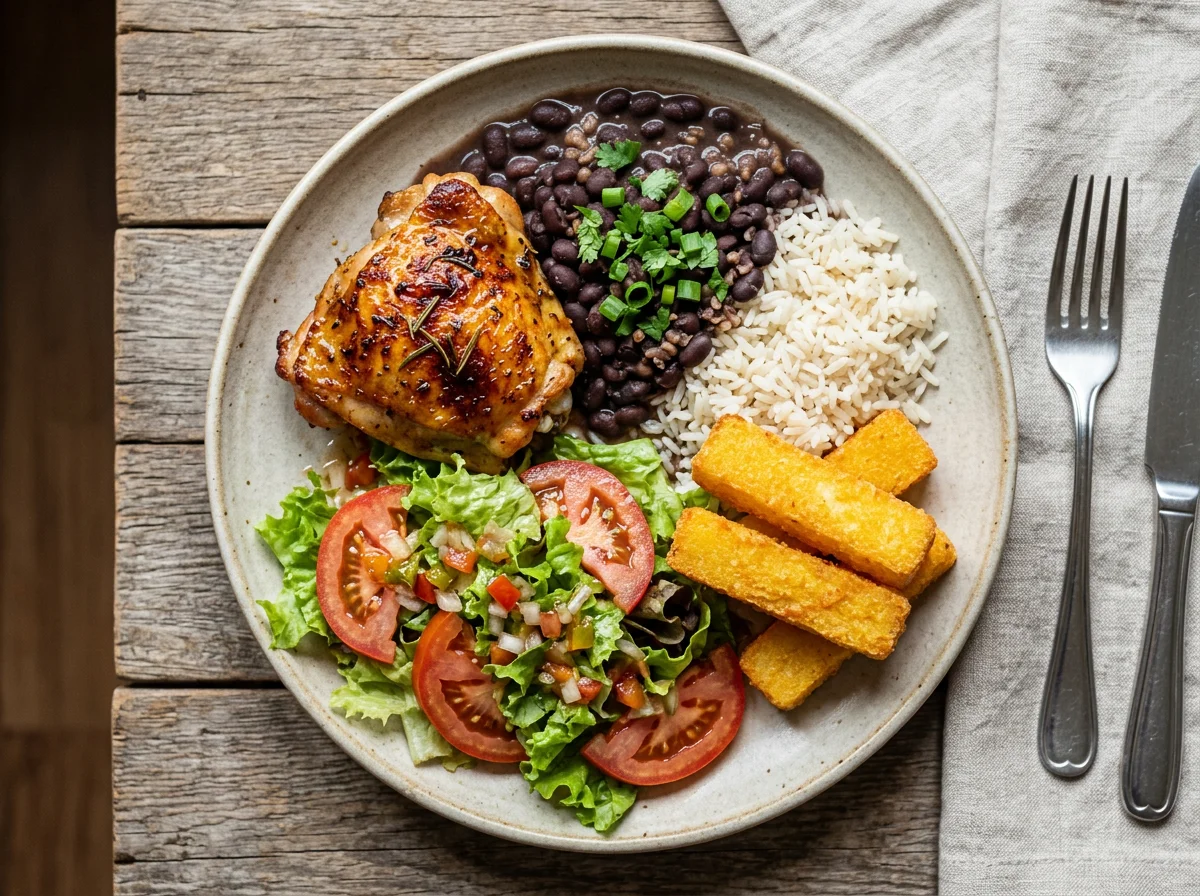 Prato feito com frango, salada e polenta frita photo