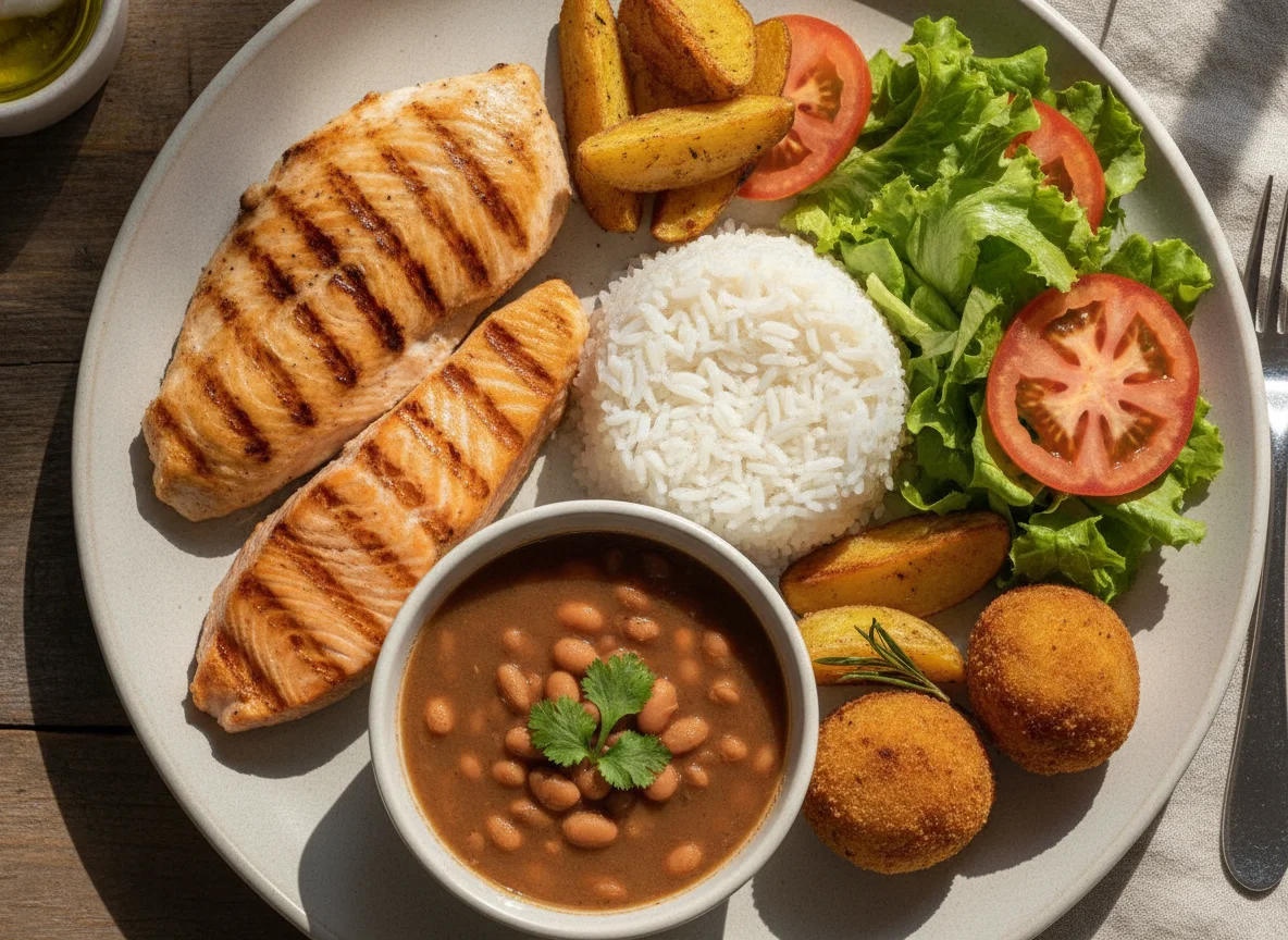 Prato feito com frango, salmão, arroz, feijão e salada photo