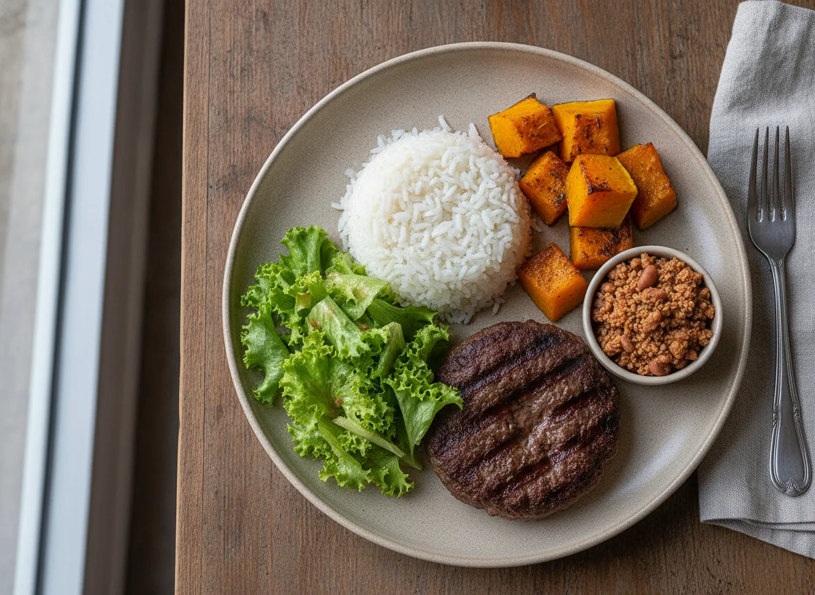Prato feito com hambúrguer, arroz, abóbora e alface photo
