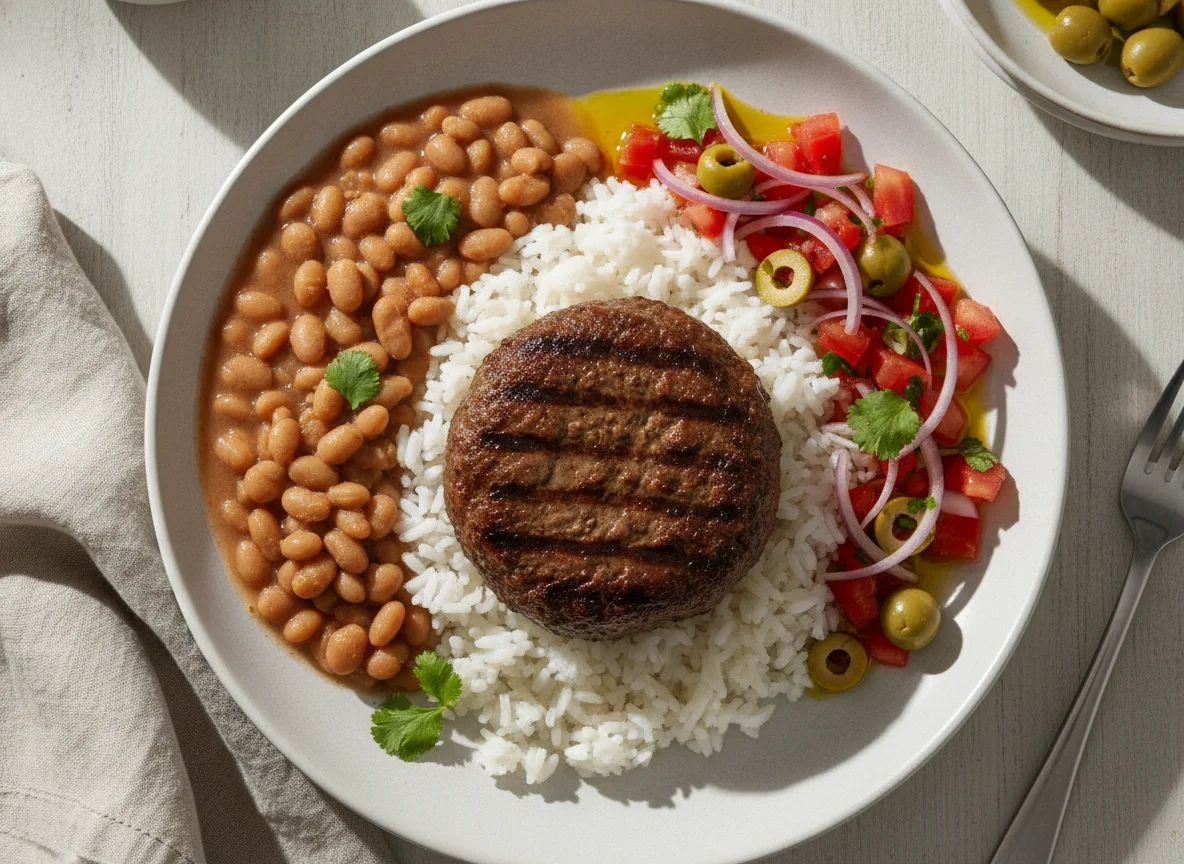 Prato Feito com Hambúrguer, Arroz, Feijão e Vinagrete photo