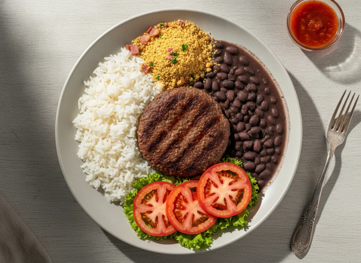 Prato Feito com Hambúrguer, Arroz, Feijão, Farofa e Salada photo
