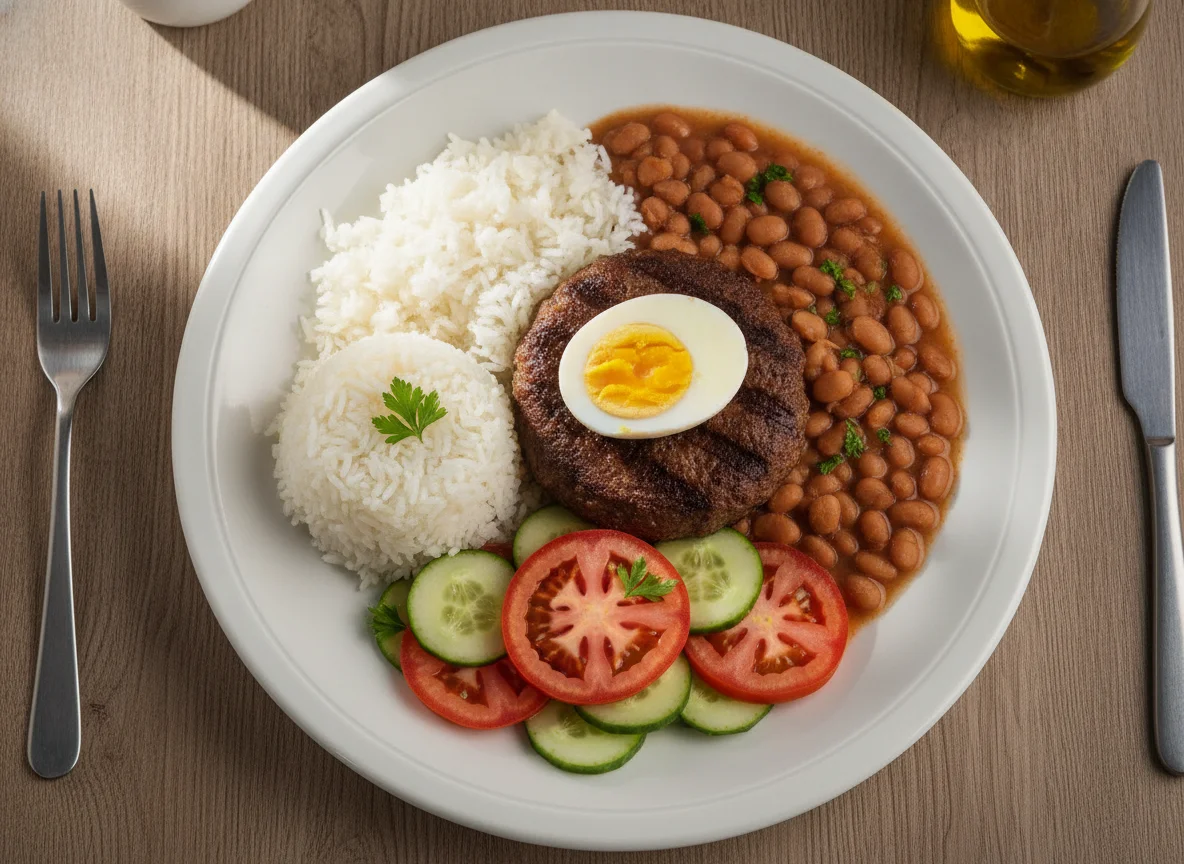 Prato feito com hambúrguer, arroz, feijão, ovo e salada photo
