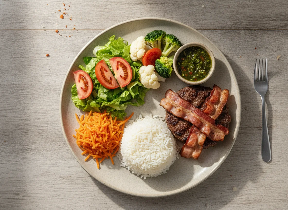 Prato feito com hambúrguer, bacon, arroz e salada photo