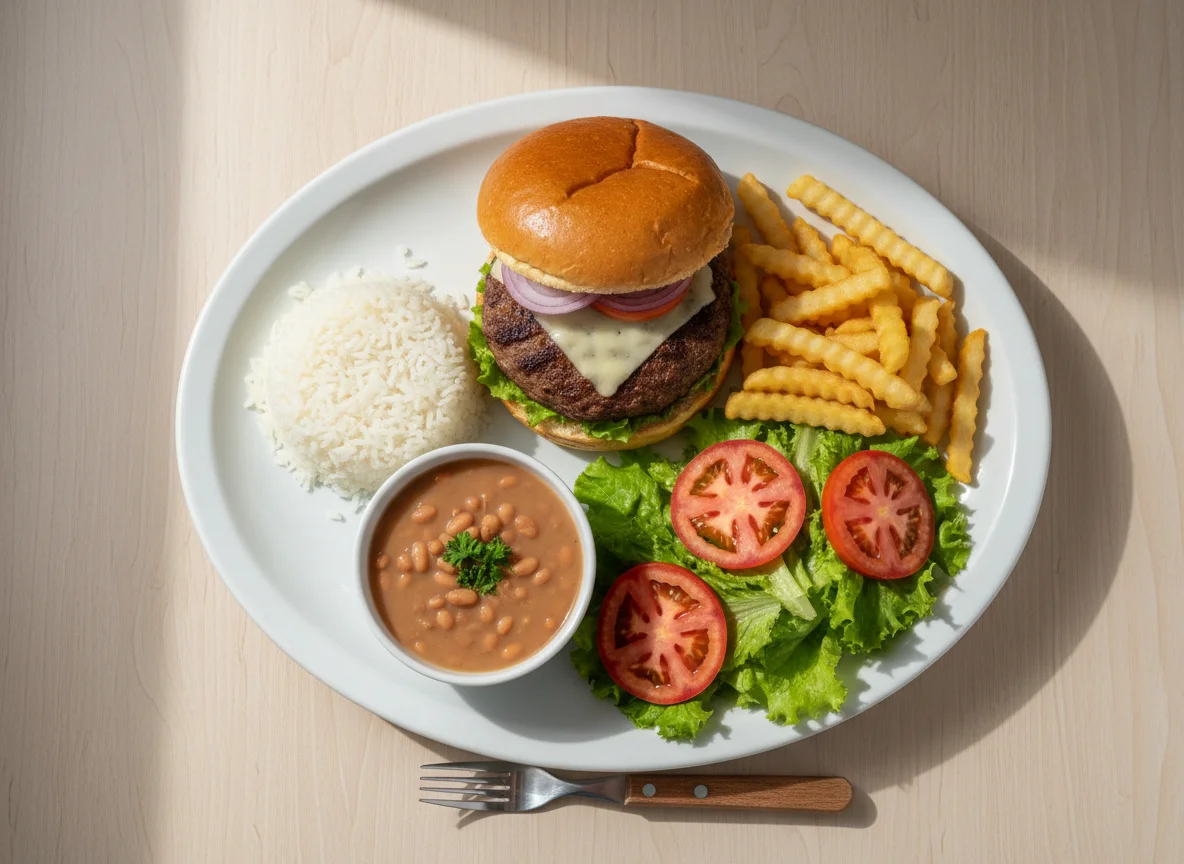 Prato feito com hambúrguer, batata frita, arroz, feijão e salada photo