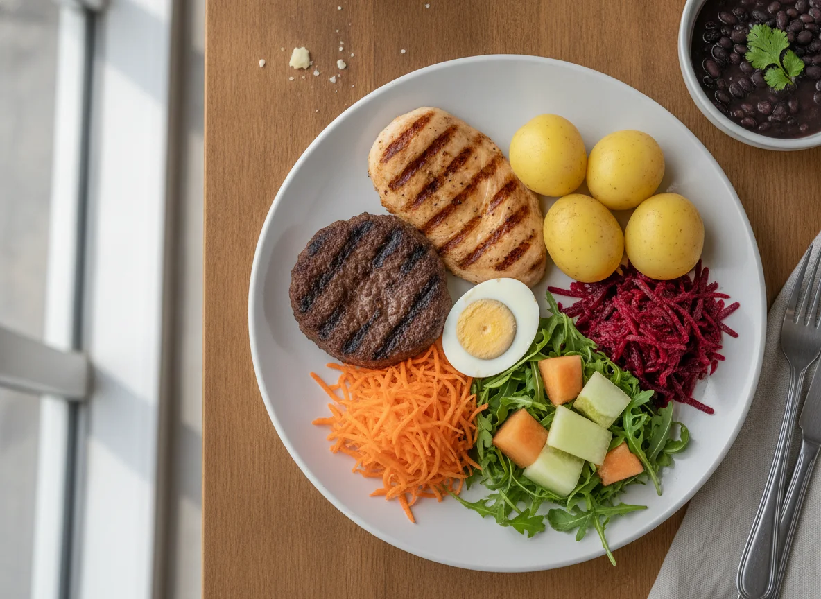 Prato feito com hambúrguer, frango, batata, ovo e salada photo