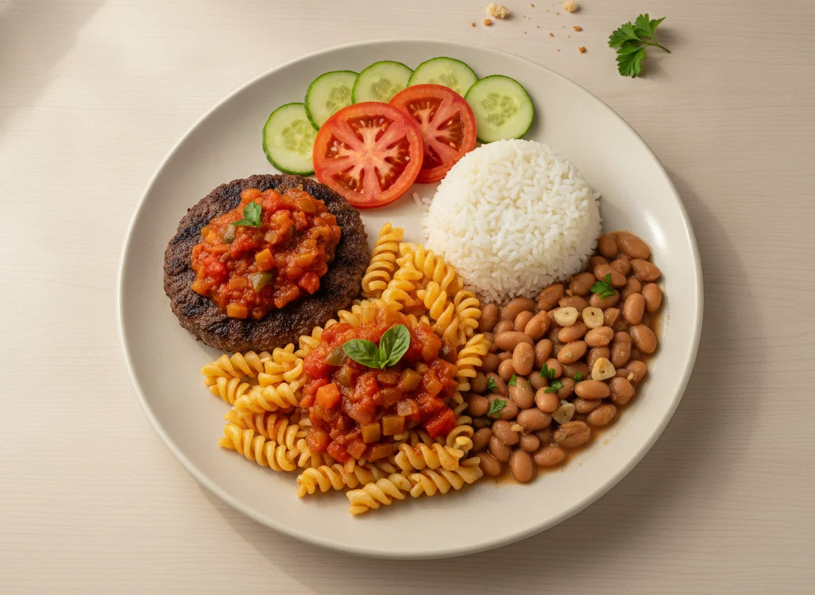 Prato feito com hambúrguer, macarrão, arroz, feijão e salada photo