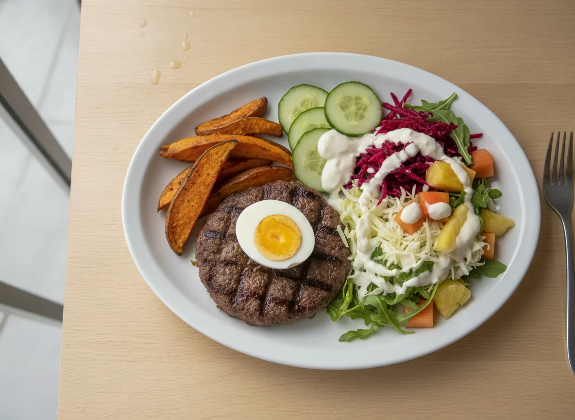 Prato feito com hambúrguer, ovo, batata-doce e salada mista photo