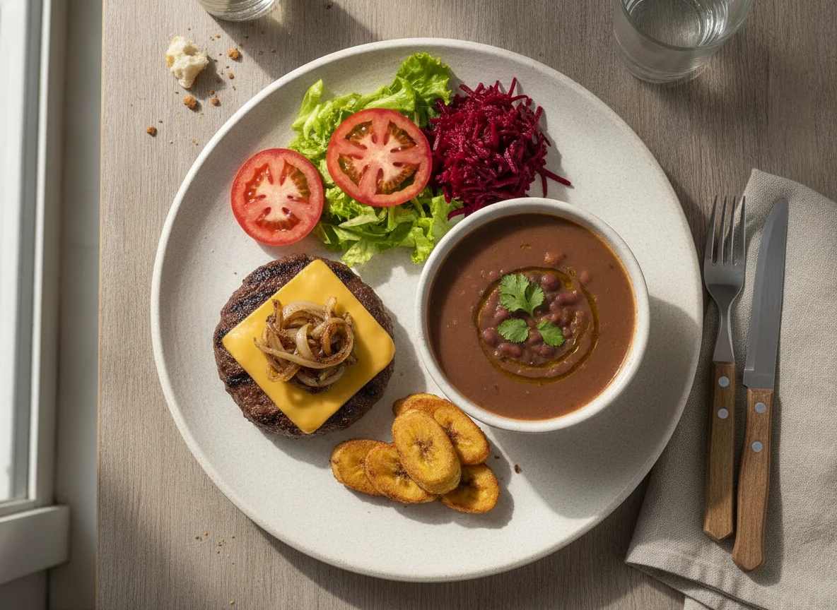 Prato feito com hambúrguer, salada e caldo de feijão photo