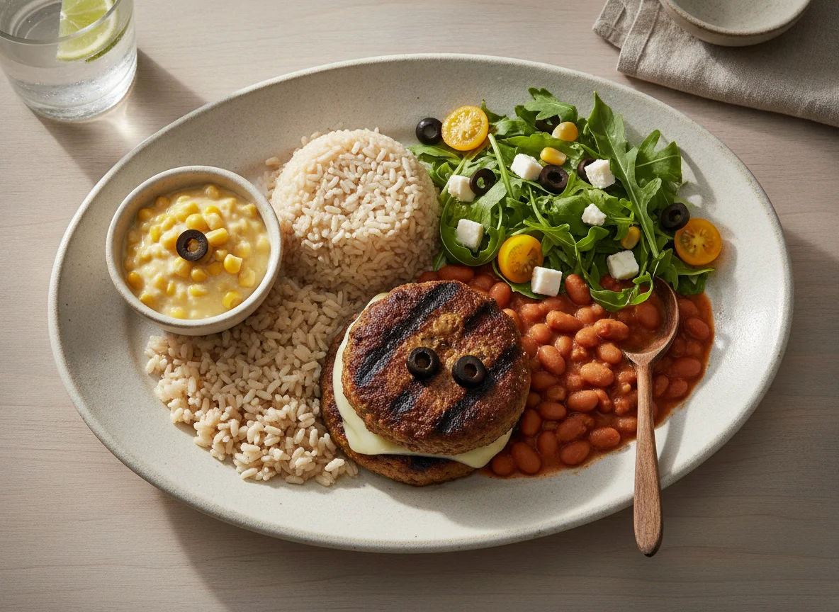 Prato feito com hambúrguer vegetal, arroz, feijão e salada photo