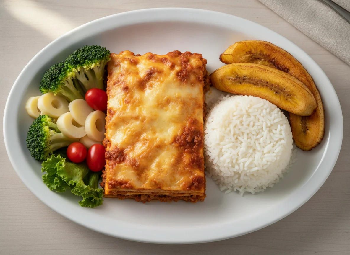 Prato Feito com Lasanha, Arroz e Banana photo