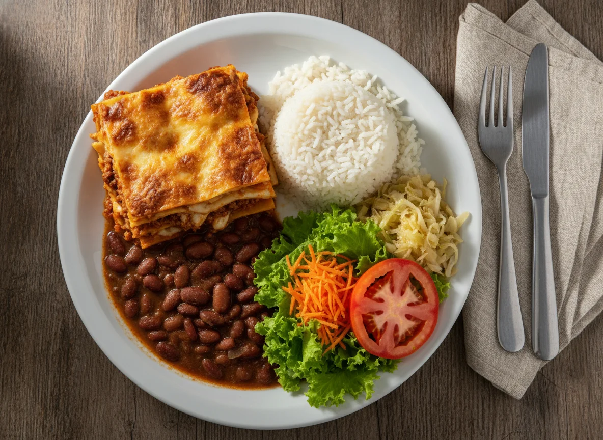Prato Feito com Lasanha, Arroz, Feijão e Salada photo