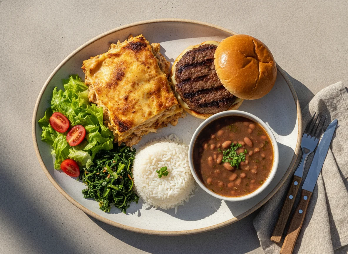 Prato feito com lasanha de frango, hambúrguer, arroz, feijão e salada photo