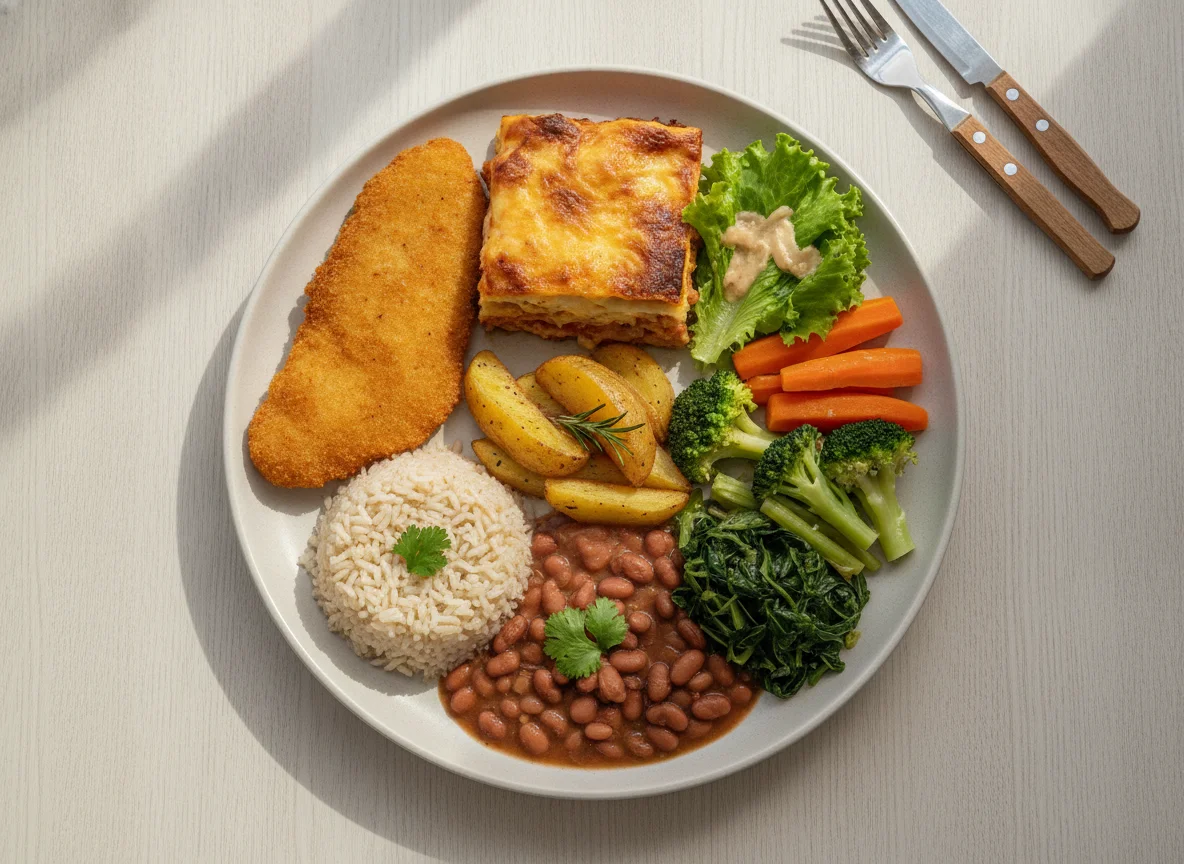 Prato Feito com Lasanha e Peixe Empanado photo