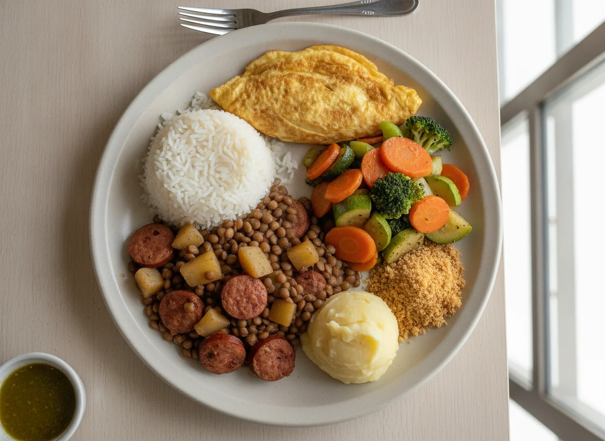 Prato feito com lentilha, arroz, legumes e acompanhamentos photo